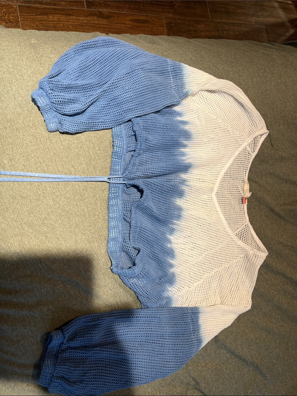 Tie-Dye Blue & White Cropped Knit Top with Drawstring